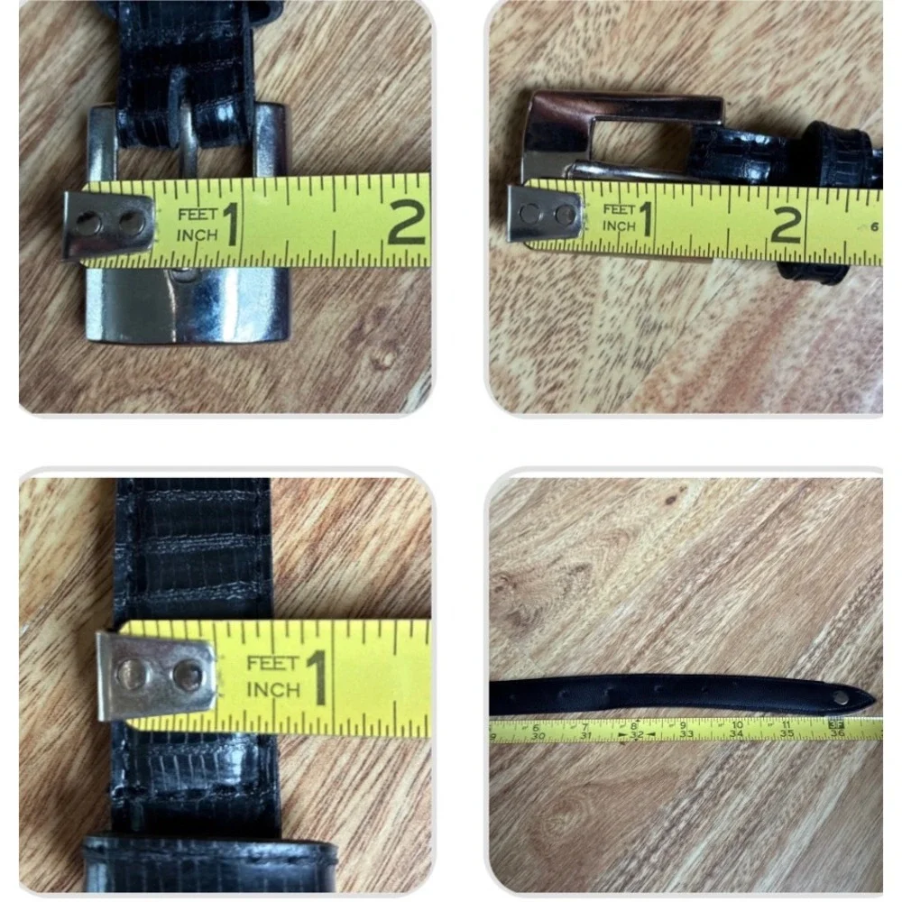 Vintage Lizard Embossed Belt Black 36 Western Silver Buckle Slim Metal Tip